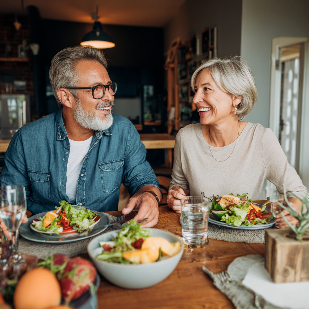 Middle-aged family sitting around dining table with healthy balanced meal, showing satisfaction and wellbeing