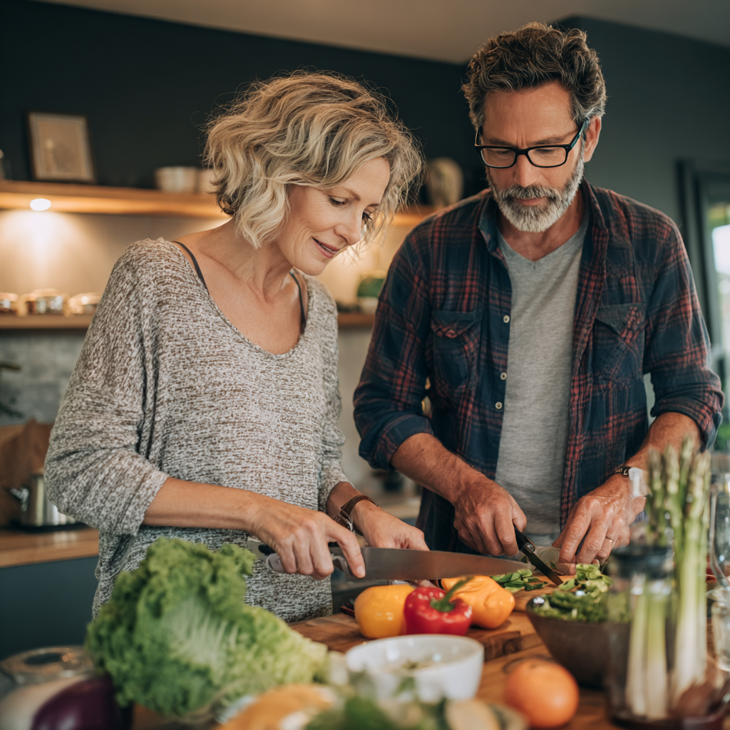 Middle-aged woman and man preparing healthy nutritious meal together in modern kitchen